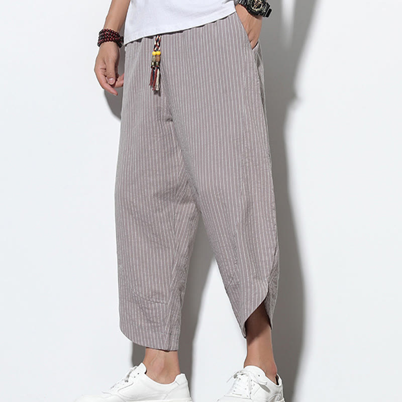 Buddha Stones Summer Stripes Pattern Drawstring Cotton Linen Men's 7-8 Length Harem Pants With Pockets - image 23
