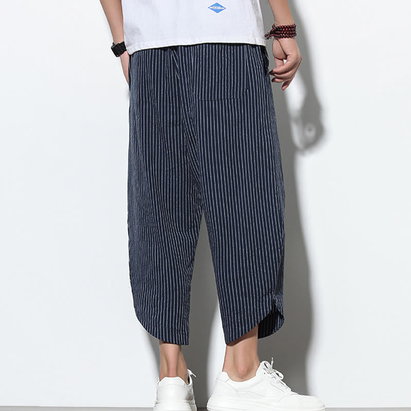 Buddha Stones Summer Stripes Pattern Drawstring Cotton Linen Men's 7-8 Length Harem Pants With Pockets - image 35