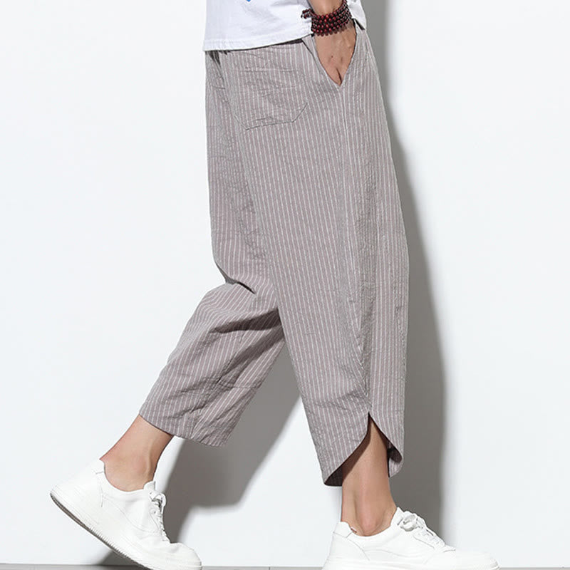 Buddha Stones Summer Stripes Pattern Drawstring Cotton Linen Men's 7-8 Length Harem Pants With Pockets - image 29