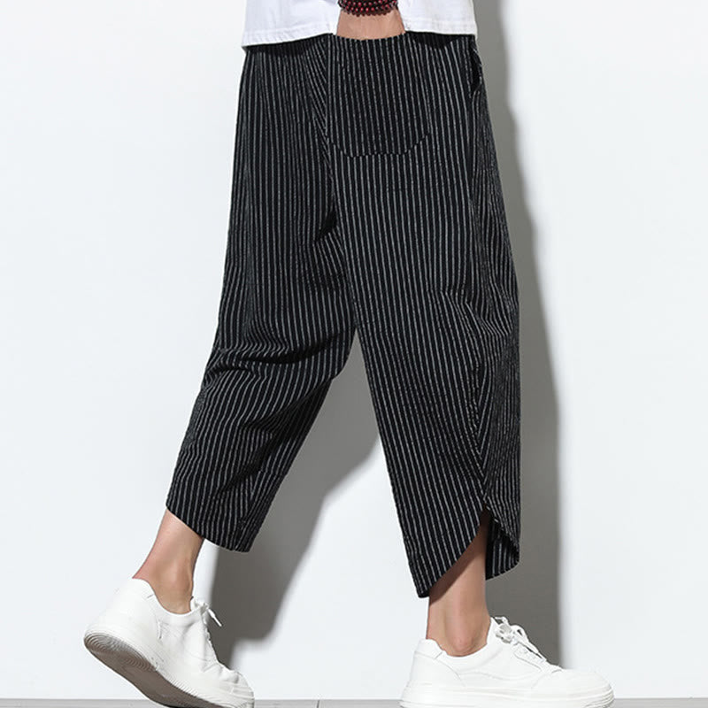 Buddha Stones Summer Stripes Pattern Drawstring Cotton Linen Men's 7-8 Length Harem Pants With Pockets - image 11