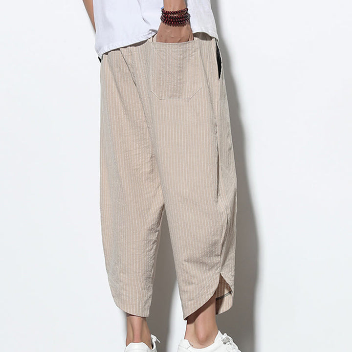 Buddha Stones Summer Stripes Pattern Drawstring Cotton Linen Men's 7-8 Length Harem Pants With Pockets - image 8