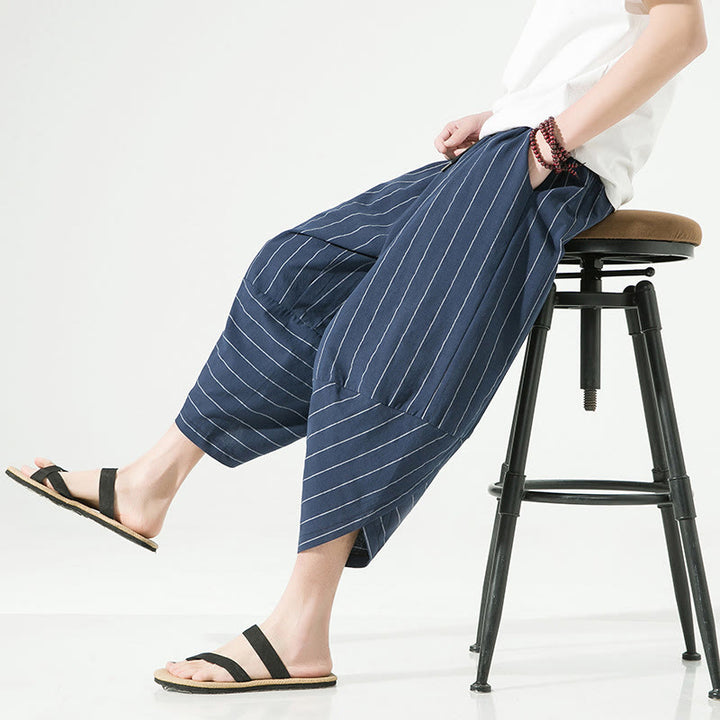 Buddha Stones Casual Plain Stripes Pattern Drawstring Men's 7-8 Length Cotton Linen Harem Pants With Pockets - image 25