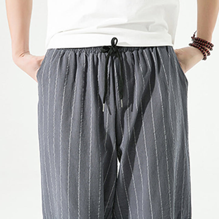 Buddha Stones Casual Plain Stripes Pattern Drawstring Men's 7-8 Length Cotton Linen Harem Pants With Pockets - image 14
