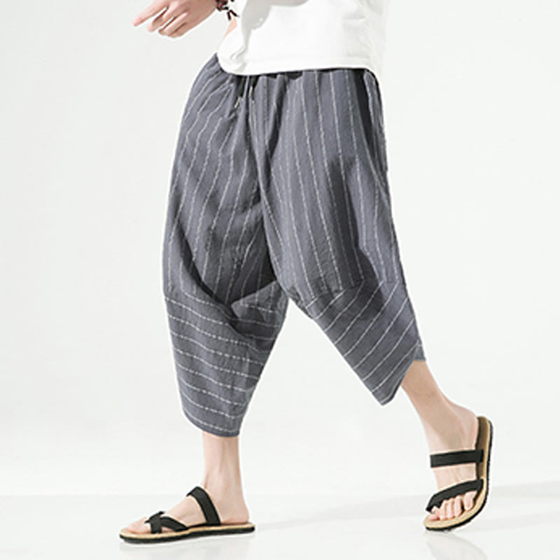 Buddha Stones Casual Plain Stripes Pattern Drawstring Men's 7-8 Length Cotton Linen Harem Pants With Pockets - image 8