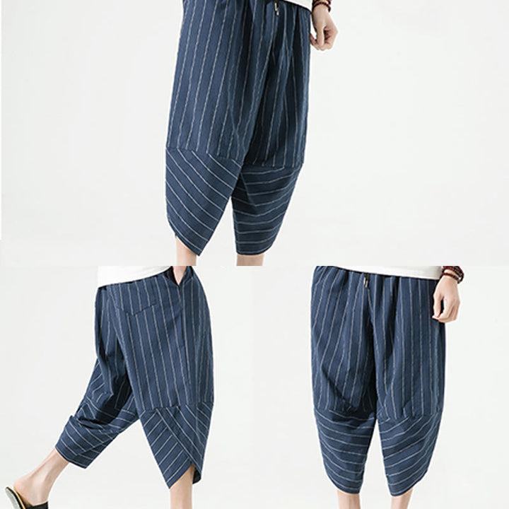 Buddha Stones Casual Plain Stripes Pattern Drawstring Men's 7-8 Length Cotton Linen Harem Pants With Pockets - image 26