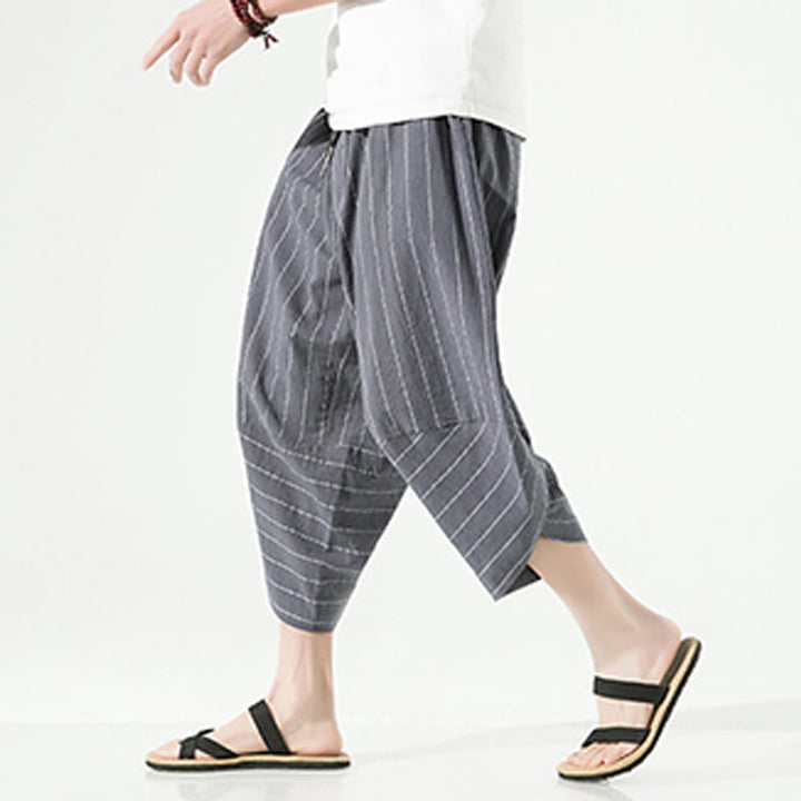 Buddha Stones Casual Plain Stripes Pattern Drawstring Men's 7-8 Length Cotton Linen Harem Pants With Pockets - image 9