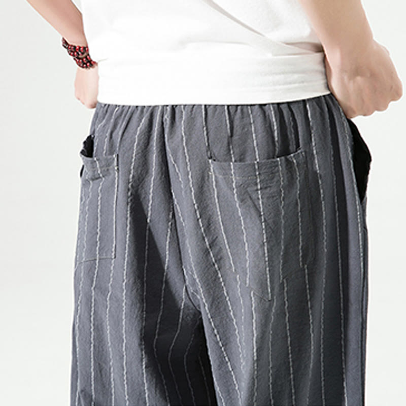 Buddha Stones Casual Plain Stripes Pattern Drawstring Men's 7-8 Length Cotton Linen Harem Pants With Pockets - image 16