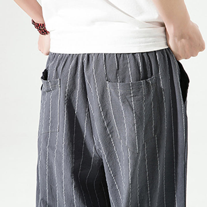 Buddha Stones Casual Plain Stripes Pattern Drawstring Men's 7-8 Length Cotton Linen Harem Pants With Pockets - image 16