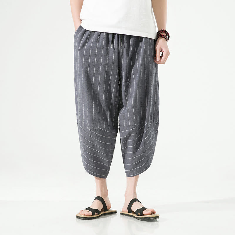 Buddha Stones Casual Plain Stripes Pattern Drawstring Men's 7-8 Length Cotton Linen Harem Pants With Pockets - image 10
