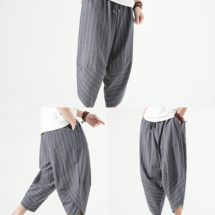 Buddha Stones Casual Plain Stripes Pattern Drawstring Men's 7-8 Length Cotton Linen Harem Pants With Pockets - image 18