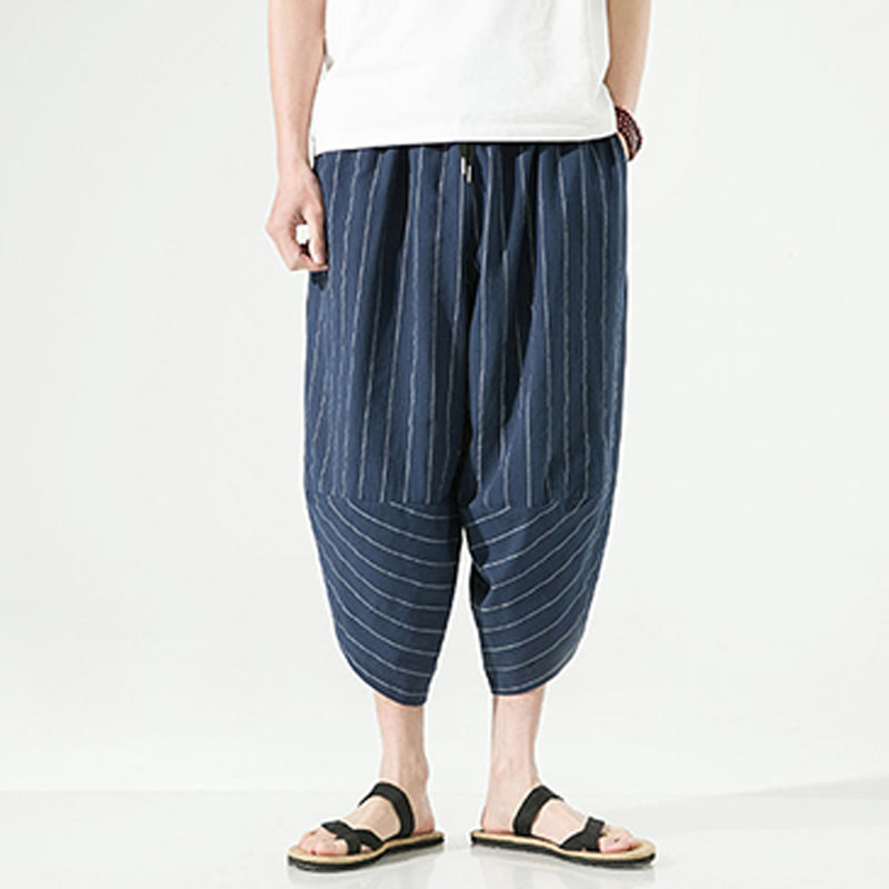 Buddha Stones Casual Plain Stripes Pattern Drawstring Men's 7-8 Length Cotton Linen Harem Pants With Pockets - image 22
