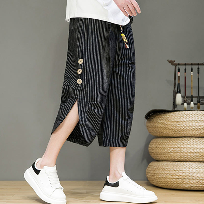 Buddha Stones Casual White Stripes Pattern Drawstring Button Design Men's Cotton Cropped Harem Pants With Pockets - image 16
