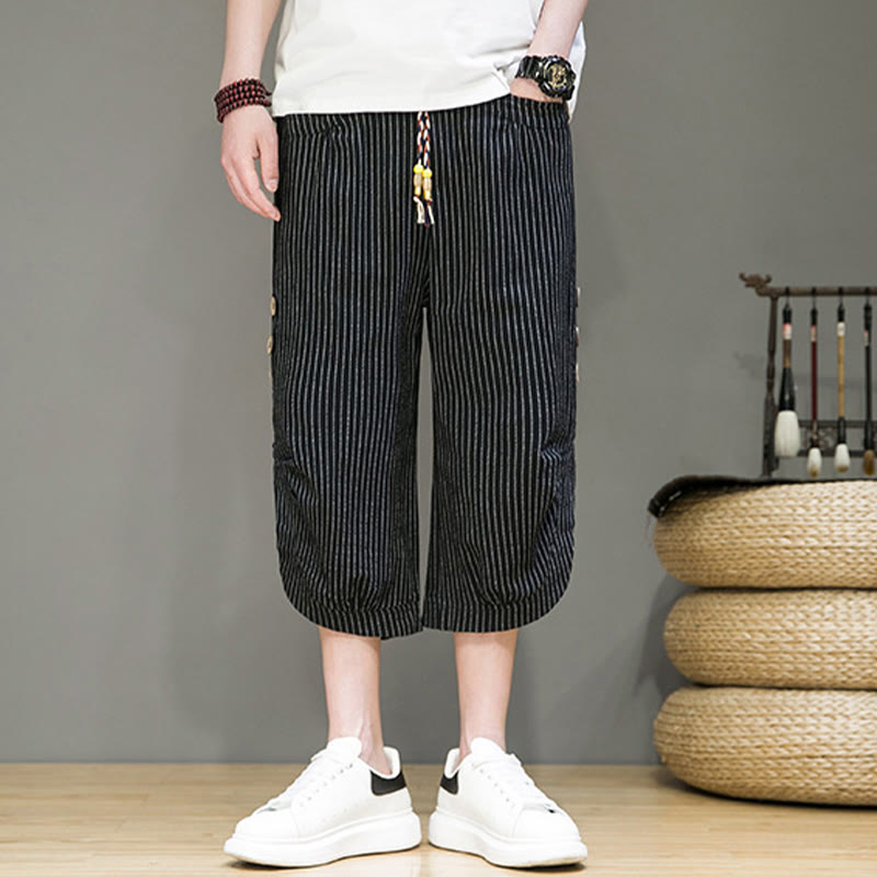 Buddha Stones Casual White Stripes Pattern Drawstring Button Design Men's Cotton Cropped Harem Pants With Pockets - image 13