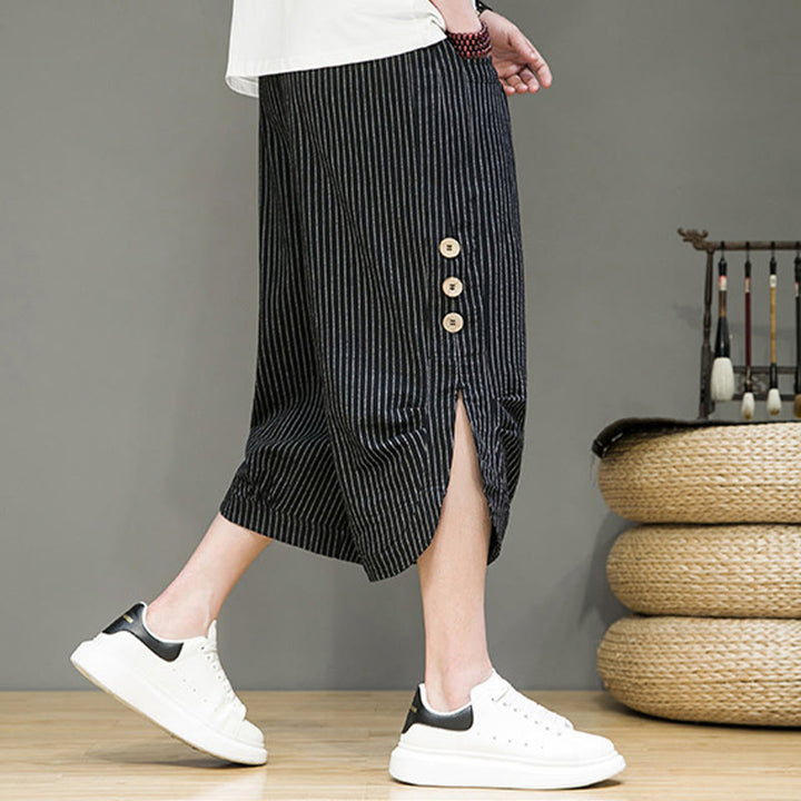 Buddha Stones Casual White Stripes Pattern Drawstring Button Design Men's Cotton Cropped Harem Pants With Pockets - image 14