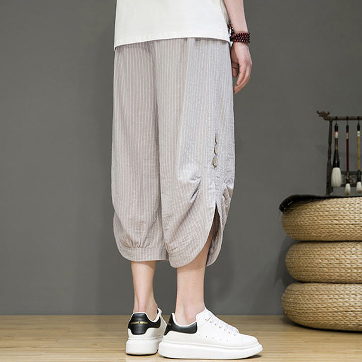 Buddha Stones Casual White Stripes Pattern Drawstring Button Design Men's Cotton Cropped Harem Pants With Pockets - image 5