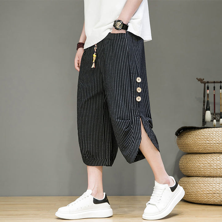 Buddha Stones Casual White Stripes Pattern Drawstring Button Design Men's Cotton Cropped Harem Pants With Pockets - Black - US/UK/AU46，EU56 (5XL) - image 11