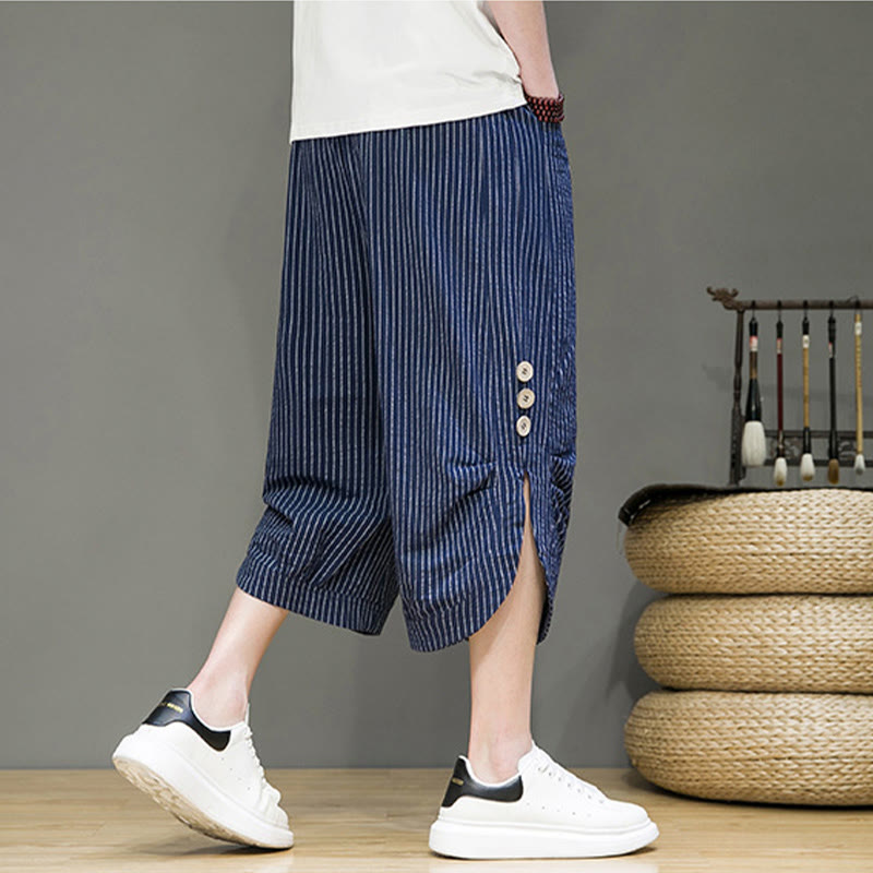 Buddha Stones Casual White Stripes Pattern Drawstring Button Design Men's Cotton Cropped Harem Pants With Pockets - image 29