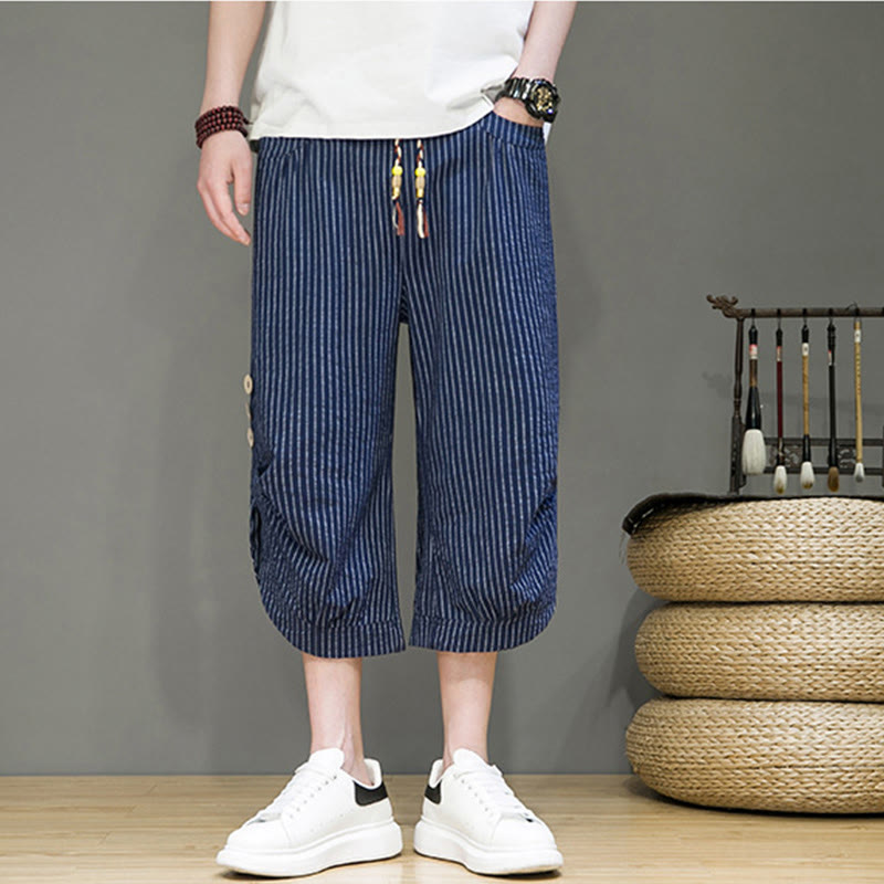 Buddha Stones Casual White Stripes Pattern Drawstring Button Design Men's Cotton Cropped Harem Pants With Pockets - image 28