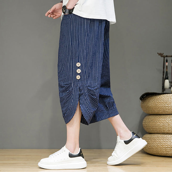 Buddha Stones Casual White Stripes Pattern Drawstring Button Design Men's Cotton Cropped Harem Pants With Pockets - image 27