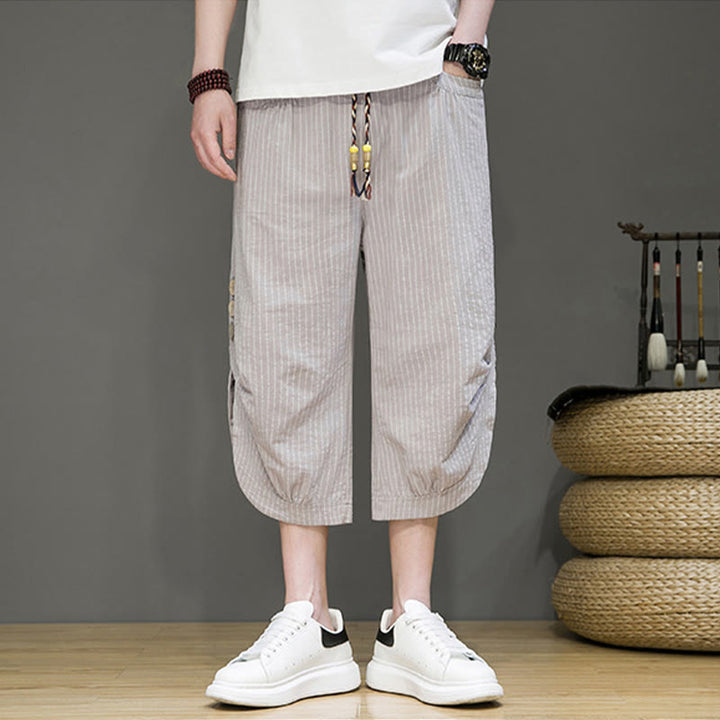 Buddha Stones Casual White Stripes Pattern Drawstring Button Design Men's Cotton Cropped Harem Pants With Pockets - image 2