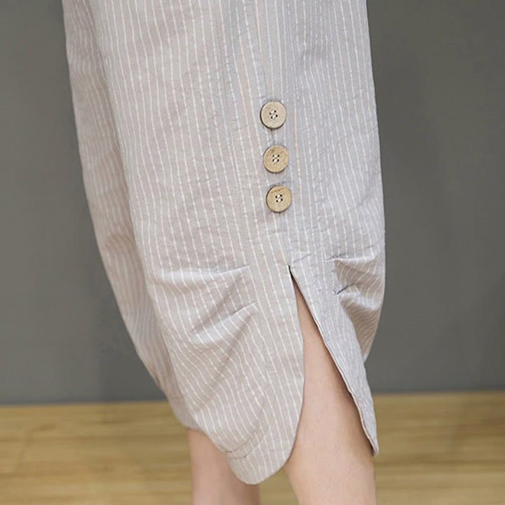 Buddha Stones Casual White Stripes Pattern Drawstring Button Design Men's Cotton Cropped Harem Pants With Pockets - image 10