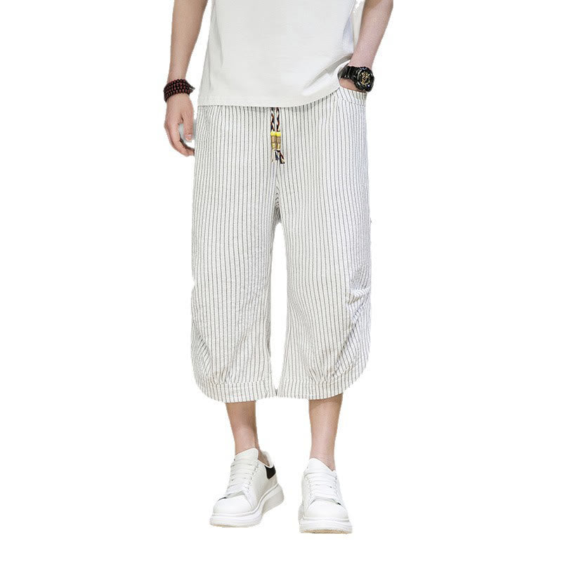 Buddha Stones Casual White Stripes Pattern Drawstring Button Design Men's Cotton Cropped Harem Pants With Pockets - image 25
