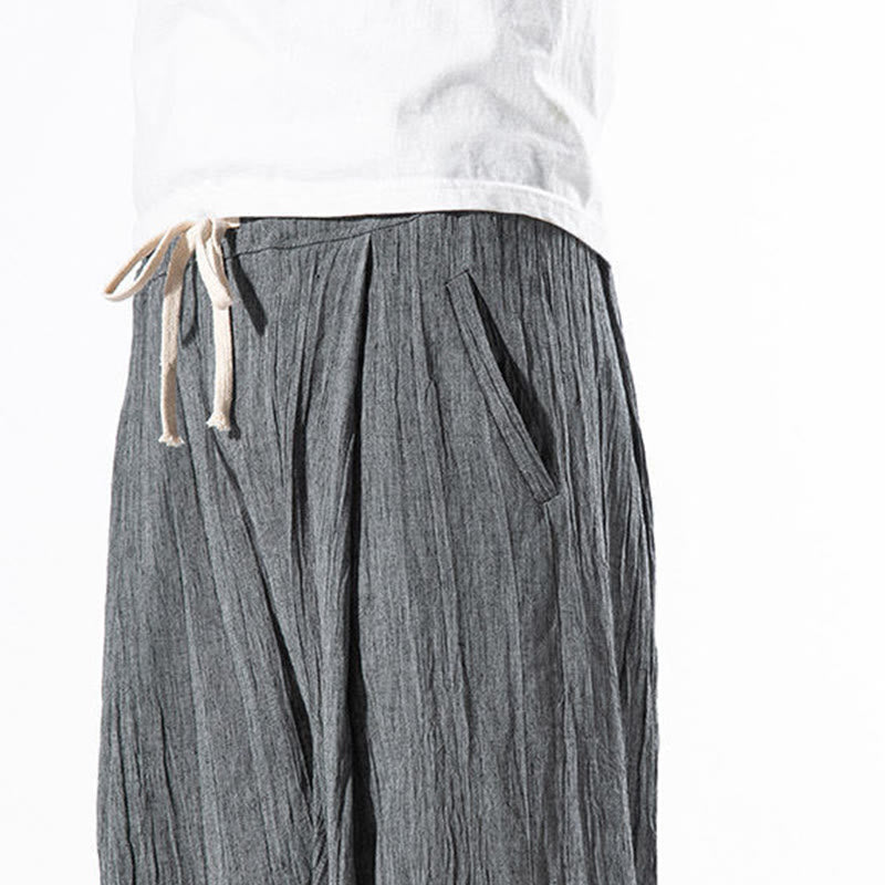 Buddha Stones Casual Plain Pleated Design Drawstring Men's Long Cotton Linen Harem Pants With Pockets - image 12