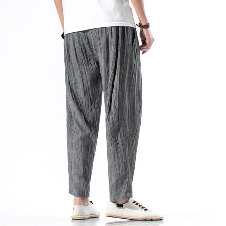 Buddha Stones Casual Plain Pleated Design Drawstring Men's Long Cotton Linen Harem Pants With Pockets - image 8