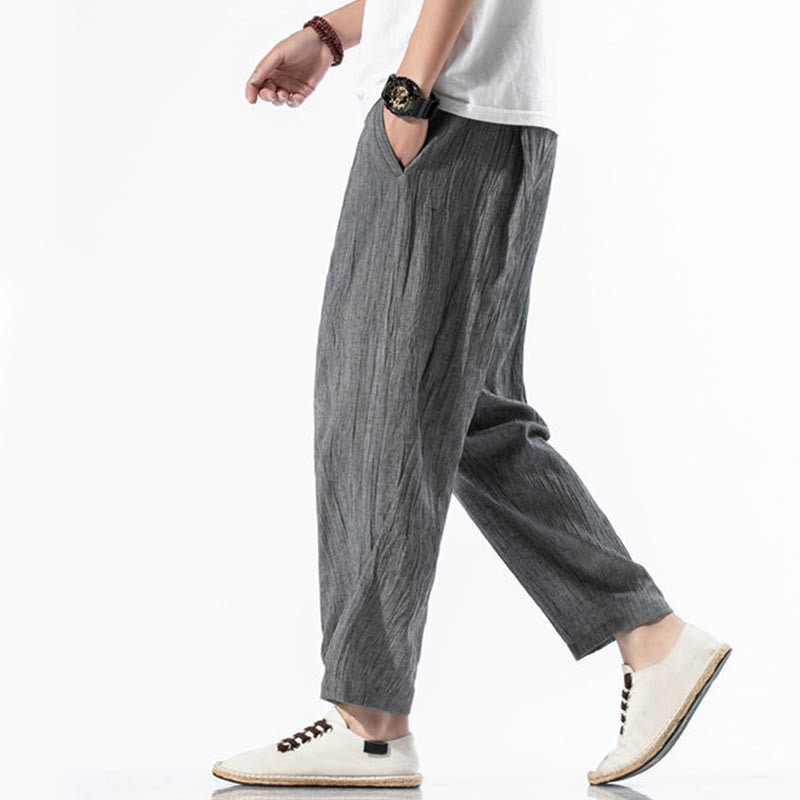 Buddha Stones Casual Plain Pleated Design Drawstring Men's Long Cotton Linen Harem Pants With Pockets - image 5