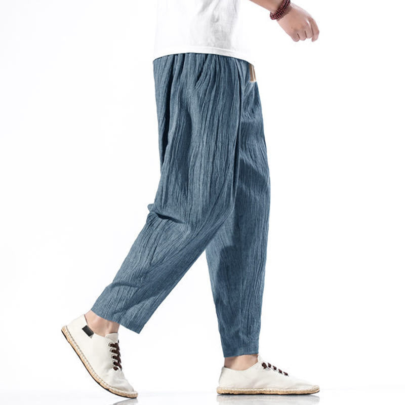 Buddha Stones Casual Plain Pleated Design Drawstring Men's Long Cotton Linen Harem Pants With Pockets - image 37