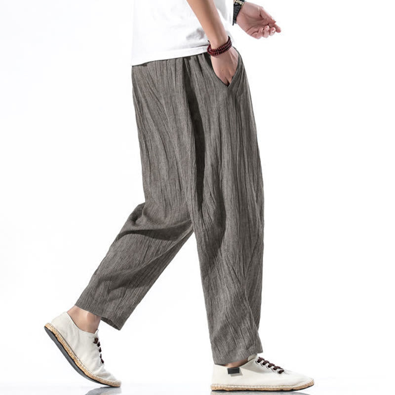 Buddha Stones Casual Plain Pleated Design Drawstring Men's Long Cotton Linen Harem Pants With Pockets - image 18