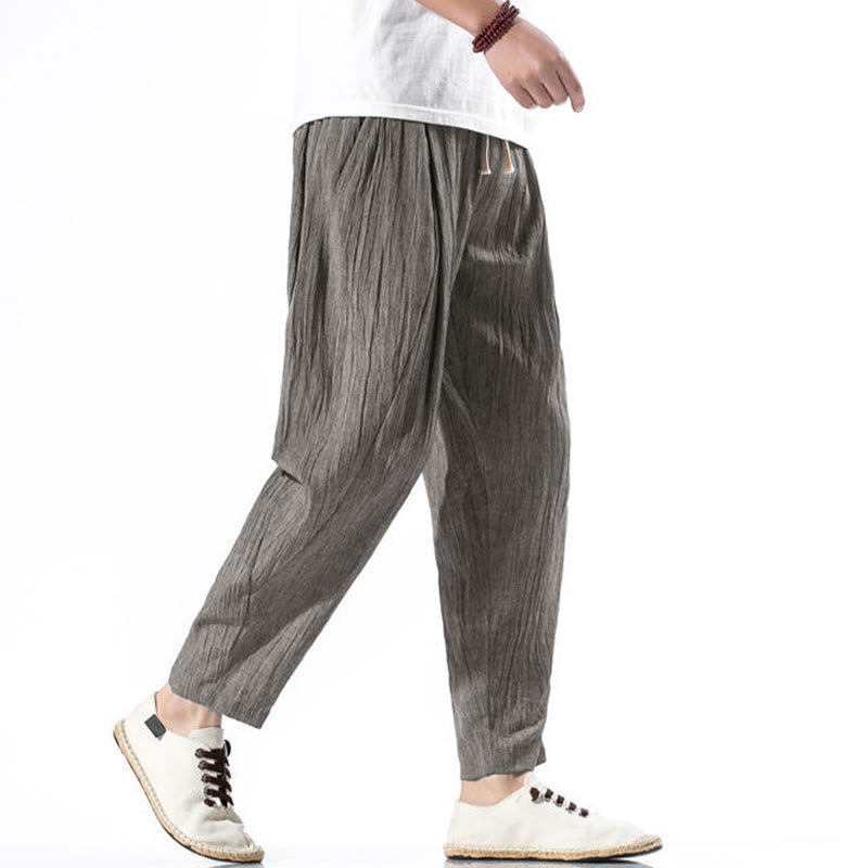 Buddha Stones Casual Plain Pleated Design Drawstring Men's Long Cotton Linen Harem Pants With Pockets - image 20