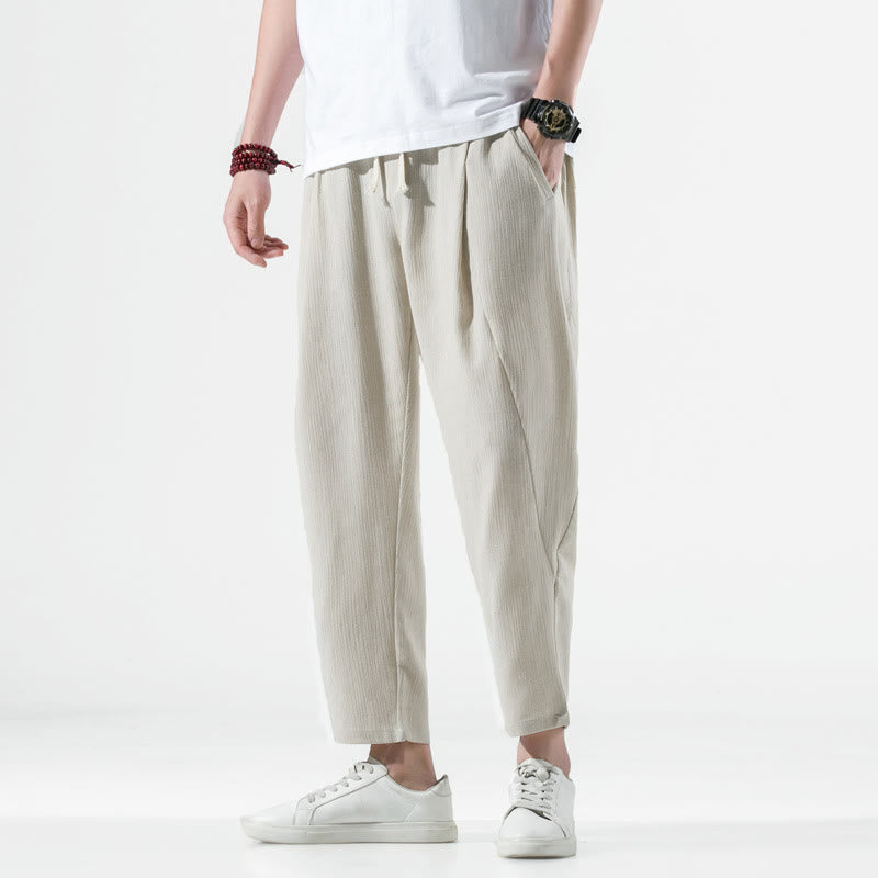 Buddha Stones Casual Plain Pleated Design Drawstring Men's Long Cotton Linen Harem Pants With Pockets - image 1