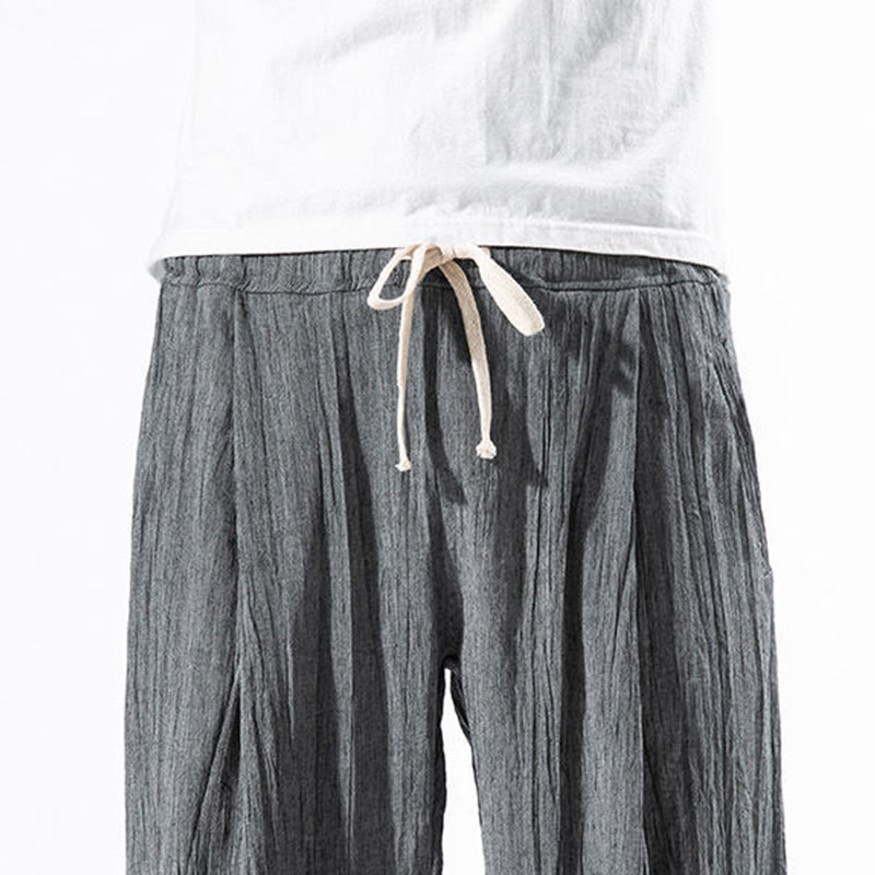 Buddha Stones Casual Plain Pleated Design Drawstring Men's Long Cotton Linen Harem Pants With Pockets - image 11