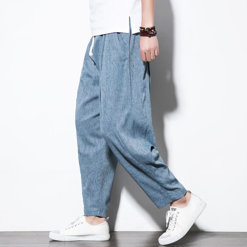 Buddha Stones Casual Plain Pleated Design Drawstring Men's Long Cotton Linen Harem Pants With Pockets - SteelBlue - US/UK/AU46，EU56 (5XL) - image 31