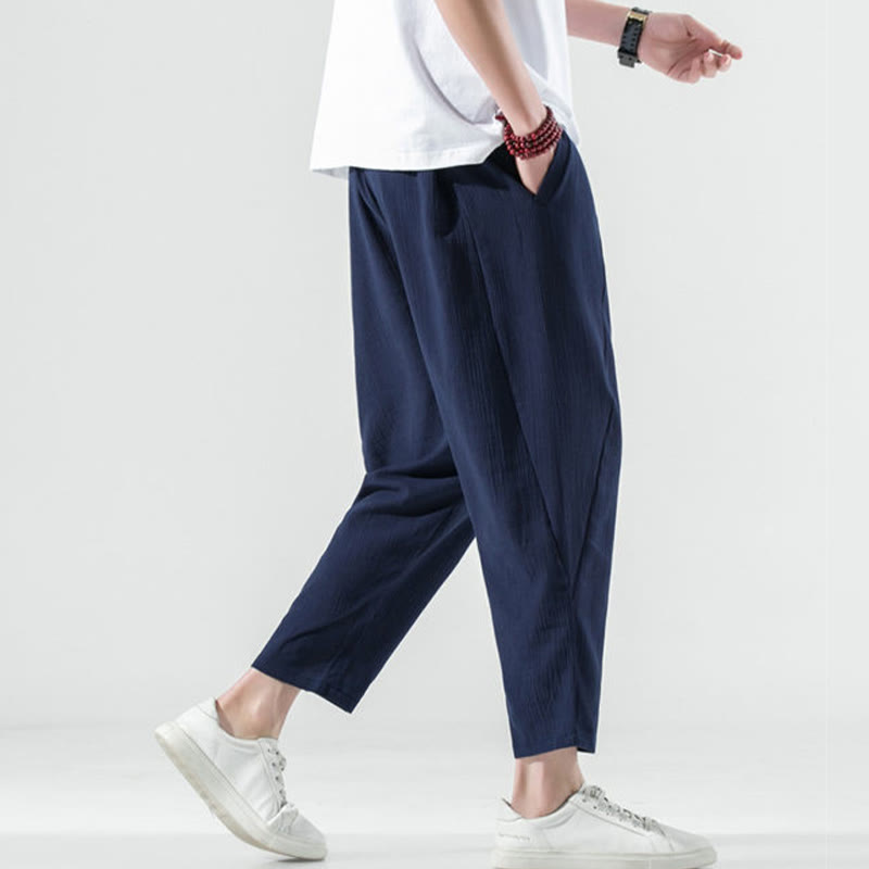 Buddha Stones Casual Plain Pleated Design Drawstring Men's Long Cotton Linen Harem Pants With Pockets - image 42