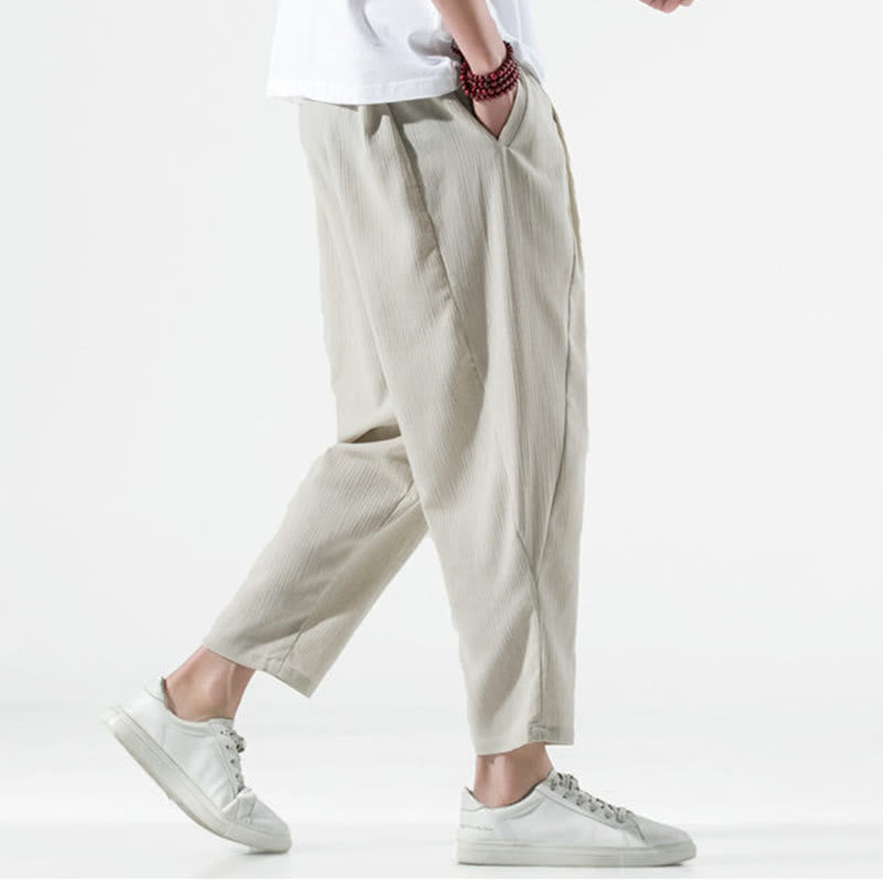 Buddha Stones Casual Plain Pleated Design Drawstring Men's Long Cotton Linen Harem Pants With Pockets - image 3