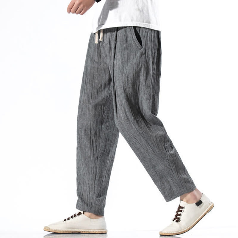 Buddha Stones Casual Plain Pleated Design Drawstring Men's Long Cotton Linen Harem Pants With Pockets - image 9