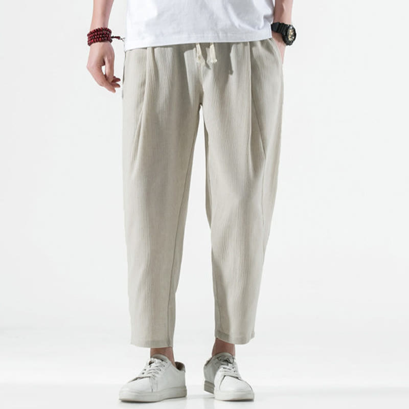Buddha Stones Casual Plain Pleated Design Drawstring Men's Long Cotton Linen Harem Pants With Pockets - image 2