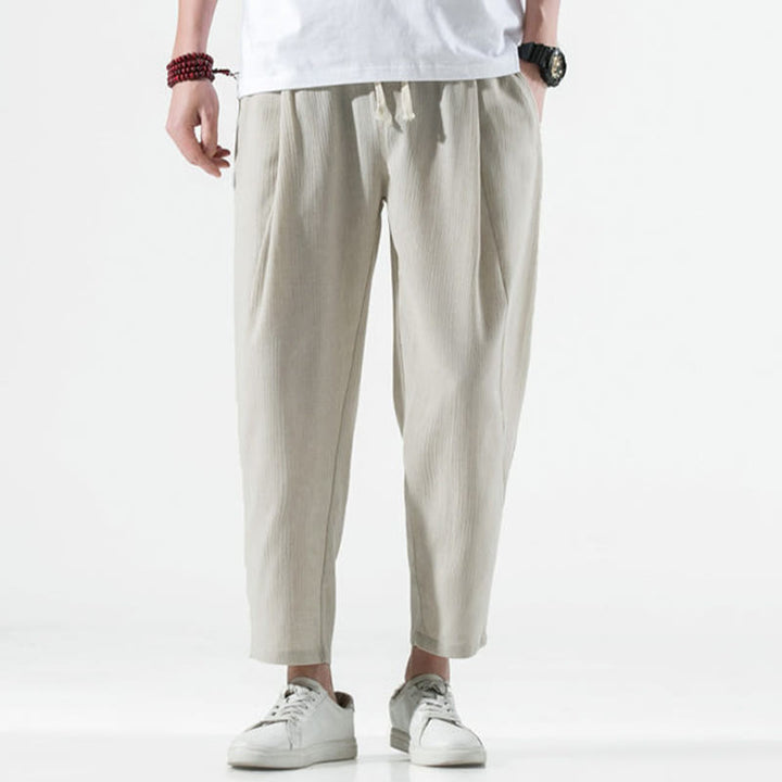 Buddha Stones Casual Plain Pleated Design Drawstring Men's Long Cotton Linen Harem Pants With Pockets - image 2