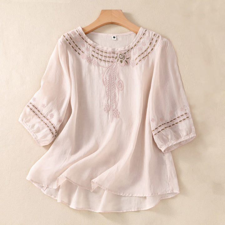 Buddha Stones Women's Crew Neck Hollow Design Half Sleeve Cotton Linen Shirt - MistyRose - US8-10，UK/AU12-14，EU40-42 (2XL) - image 0