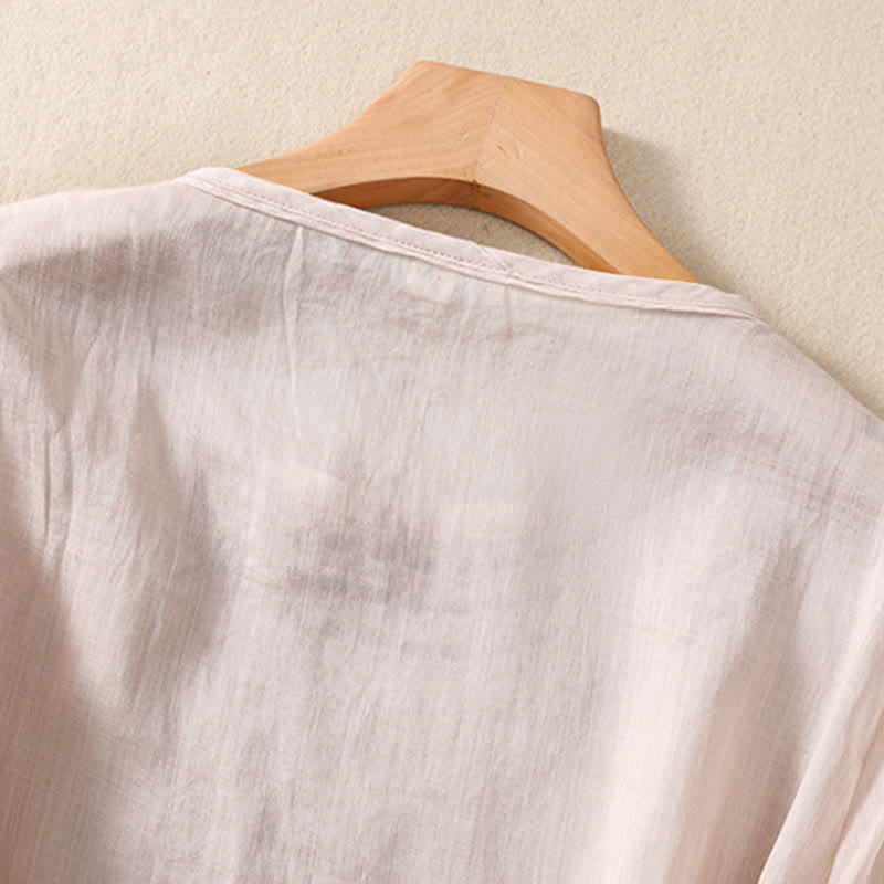 Buddha Stones Women's Crew Neck Hollow Design Half Sleeve Cotton Linen Shirt - image 5