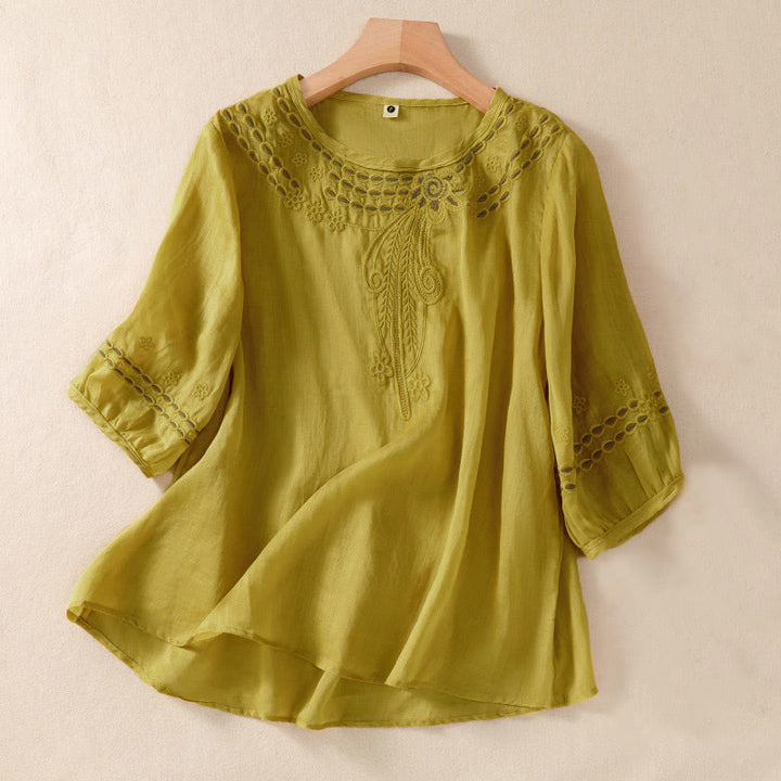 Buddha Stones Women's Crew Neck Hollow Design Half Sleeve Cotton Linen Shirt - Goldenrod - US8-10，UK/AU12-14，EU40-42 (2XL) - image 14