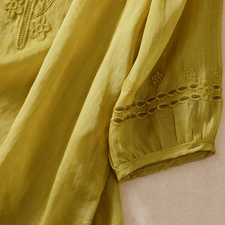 Buddha Stones Women's Crew Neck Hollow Design Half Sleeve Cotton Linen Shirt - image 19