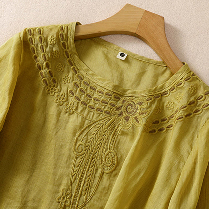 Buddha Stones Women's Crew Neck Hollow Design Half Sleeve Cotton Linen Shirt - image 16