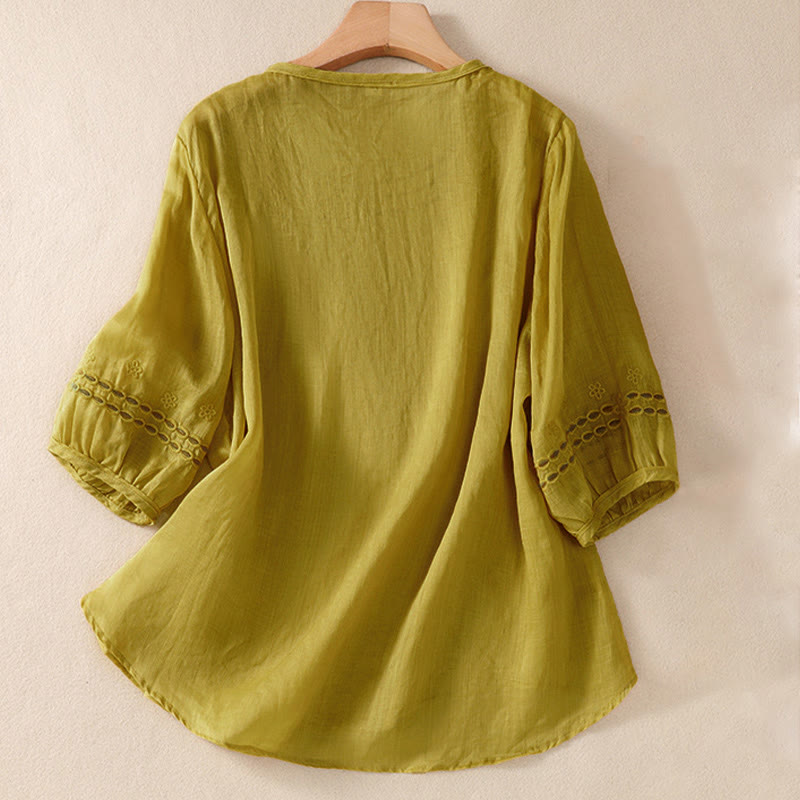 Buddha Stones Women's Crew Neck Hollow Design Half Sleeve Cotton Linen Shirt - image 15