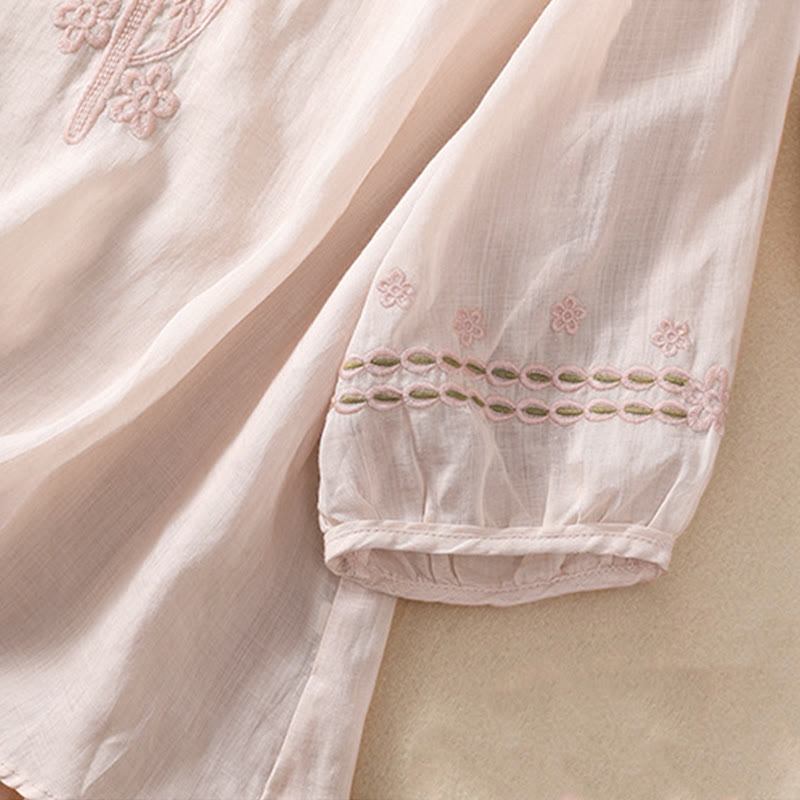 Buddha Stones Women's Crew Neck Hollow Design Half Sleeve Cotton Linen Shirt - image 4