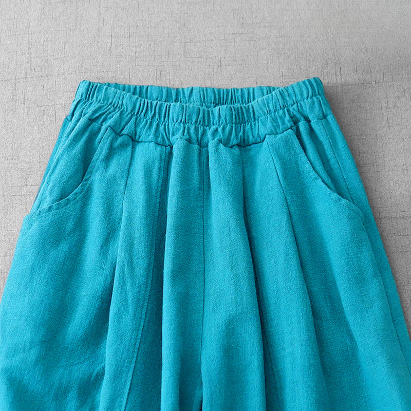 Buddha Stones Casual Plain 7-8 Length Women's Cotton Linen Harem Pants With Pockets