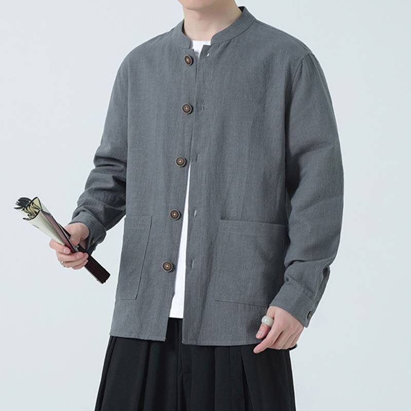 Buddha Stones Men's Button Ramie Linen Cotton Fleece Lined Jacket Shirt With Pockets - image 17