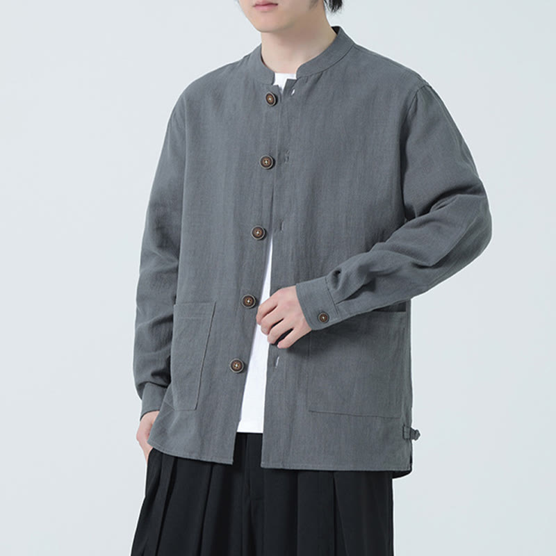 Buddha Stones Men's Button Ramie Linen Cotton Fleece Lined Jacket Shirt With Pockets - image 16